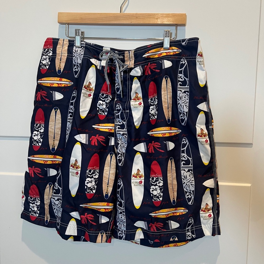 Nautica Men's Swim Trunks Board Shorts‎ Surfboard Print 36W Blue Tropical Beach
